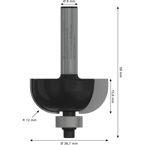 Broca fresadora PRO para moldura cóncava, R 12, vástago de 8 mm