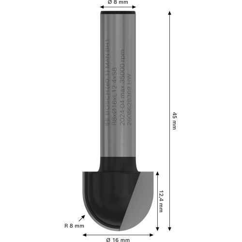 Broca fresadora PRO para molduras de media caña, R 8, vástago de 8 mm