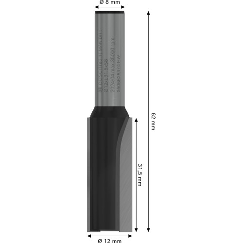 Broca fresadora recta PRO, dos acanaladuras, Ø 12 x L 31,5, vástago de 8 mm