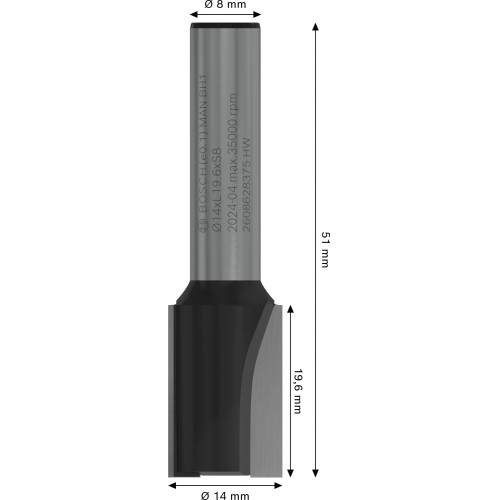 Broca fresadora recta PRO, dos acanaladuras, Ø 14 x L 19,6, vástago de 8 mm