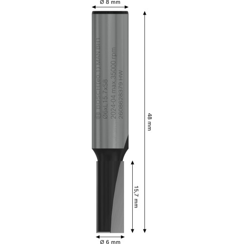 Broca fresadora recta PRO, dos acanaladuras, Ø 6 x L 15,7, vástago de 8 mm