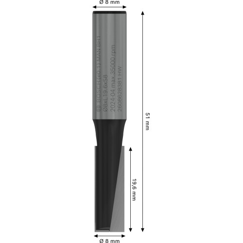 Broca fresadora recta PRO, dos acanaladuras, Ø 8 x L 19,6, vástago de 8 mm