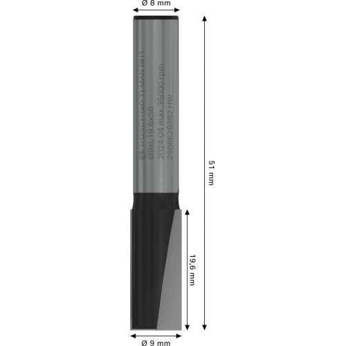 Broca fresadora recta PRO, dos acanaladuras, Ø 9 x L 19,6, vástago de 8 mm