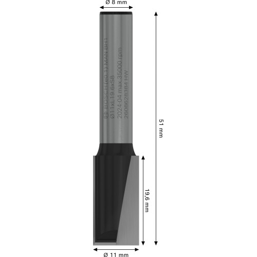Broca fresadora recta PRO, dos acanaladuras, Ø 11 x L 19,6, vástago de 8 mm