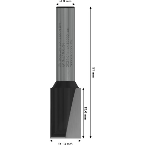 Broca fresadora recta PRO, dos acanaladuras, Ø 13 x L 19,6, vástago de 8 mm