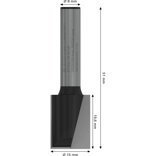 Broca fresadora recta PRO, dos acanaladuras, Ø 15 x L 19,6, vástago de 8 mm