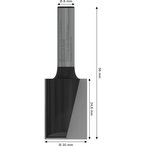 Broca fresadora recta PRO, dos acanaladuras, Ø 20 x L 24,6, vástago de 8 mm