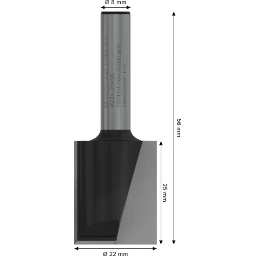 Broca fresadora recta PRO, dos acanaladuras, Ø 22 x L 24,6, vástago de 8 mm