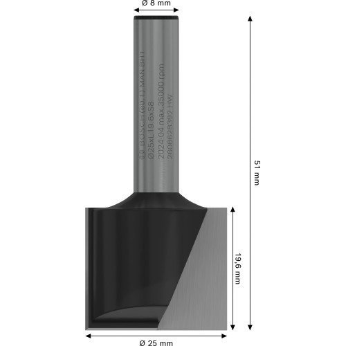 Broca fresadora recta PRO, dos acanaladuras, Ø 25 x L 19,6, vástago de 8 mm
