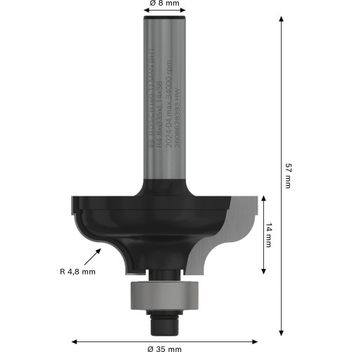 Broca fresadora PRO para moldura romana clásica, R 4,8, vástago de 8 mm