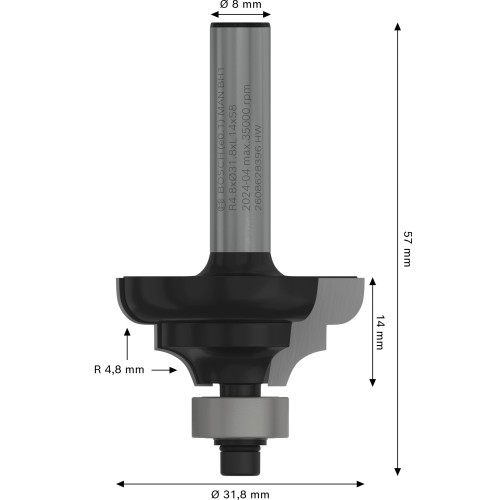 Broca fresadora PRO para moldura clásica, R 4,8, vástago de 8 mm