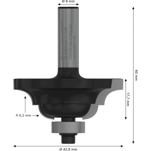 Broca fresadora PRO para moldura y moldura cóncava, R 6,3, vástago de 8 mm