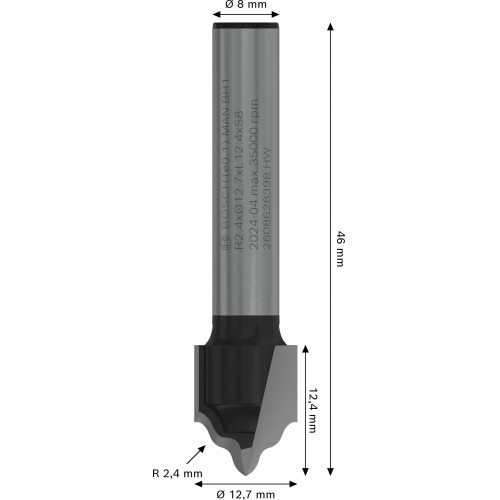 Broca fresadora PRO para ranura de moldura cóncava y cordón R 2,4, vástago de 8 mm
