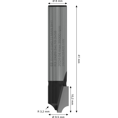 Broca fresadora para molduras PRO, R 3,2 x Ø 9,5, vástago de 8 mm