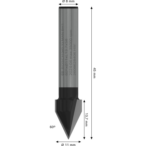 Broca fresadora PRO para ranuras en V, 60° x Ø 11, vástago de 8 mm