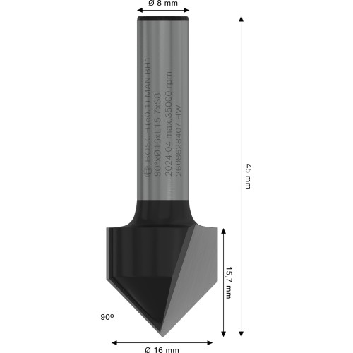 Broca fresadora PRO para ranuras en V, 90° x Ø 16, vástago de 8 mm