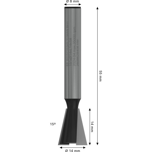 Broca fresadora para cola de milano PRO Router, 15°, vástago 8 mm