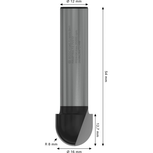 Broca fresadora PRO para molduras de media caña, R 8, vástago de 12 mm