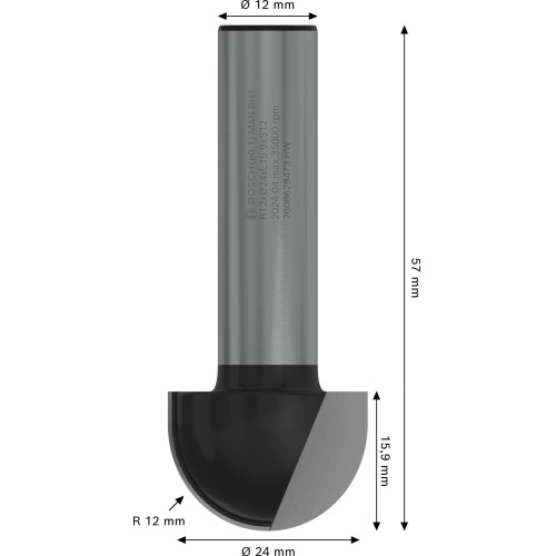 Broca fresadora PRO para molduras de media caña, R 12, vástago de 12 mm