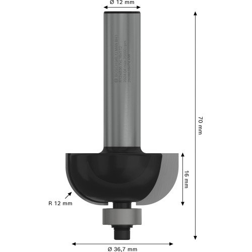 Broca fresadora PRO para moldura cóncava, R 12, vástago de 12 mm