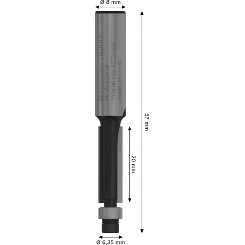 Broca fresadora de recorte al ras PRO con cojinete inferior, Ø 6,35 x L 20, vástago de 8 mm