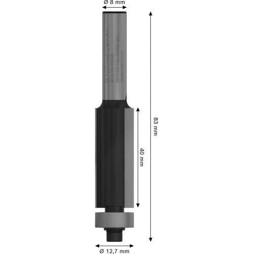 Broca fresadora de recorte al ras PRO con cojinete inferior, Ø 12,7 x L 40, vástago de 8 mm