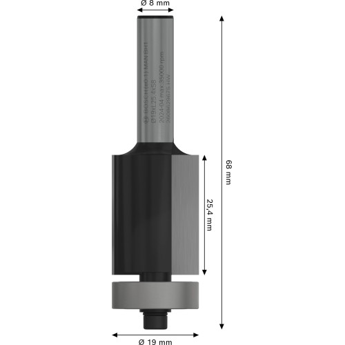Broca fresadora de recorte al ras PRO con cojinete inferior, Ø 19 x L 25,4, vástago de 8 mm