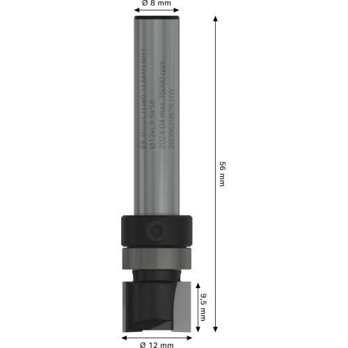 Broca fresadora de recorte al ras PRO con cojinete superior, Ø 12,7 x L 9,5, vástago de 8 mm