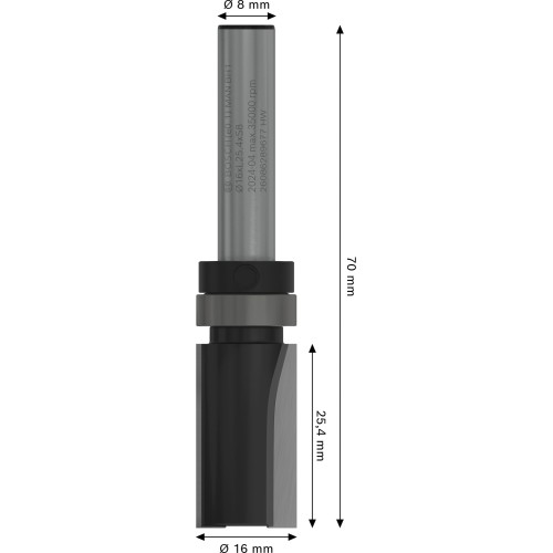 Broca fresadora de recorte al ras PRO con cojinete superior, Ø 16 x L 25,4, vástago de 8 mm