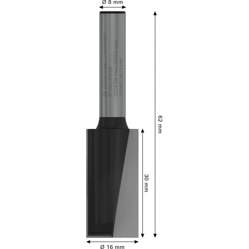 Broca fresadora recta PRO, dos acanaladuras, Ø 16 x L 30, vástago de 8 mm