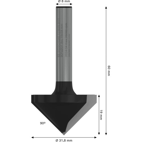 Broca fresadora PRO para ranuras en V, 90° x Ø 31,8, vástago de 8 mm