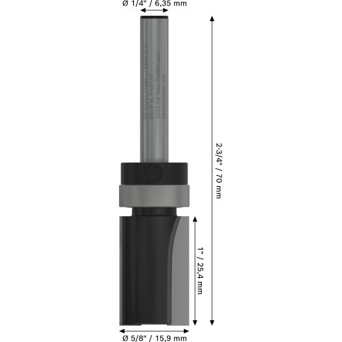 Broca fresadora de recorte al ras PRO con cojinete superior, Ø 5/8" x L 1", vástago de 1/4"