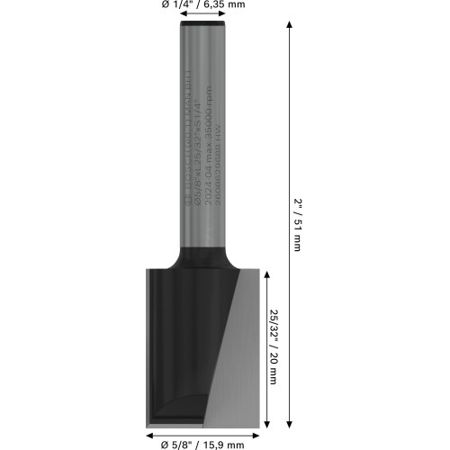 Broca fresadora recta PRO, dos acanaladuras, Ø 5/8″ x L 49/64″, vástago de 1/4″