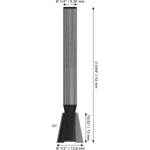 Broca fresadora para cola de milano PRO, 15°, vástago de 1/4″