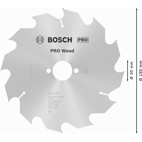 Hoja de sierra circular PRO Wood, 190 x 2,6 x 30 mm, T12