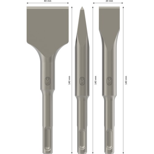 Set de cinceles PRO SDS plus-4C, puntero 140 mm, plano 20 x 140 mm, pala 40 x 140 mm, 3 unidades