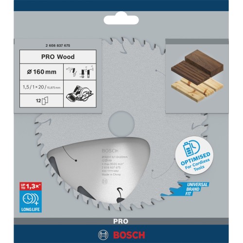 Hoja de sierra circular PRO Wood cordless, 160 x 1,5 x 20 mm, T12