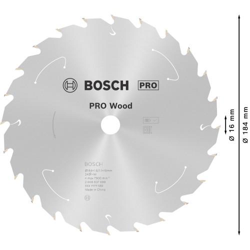 Hoja de sierra circular PRO Wood cordless, 184 x 1,6 x 16 mm, T24