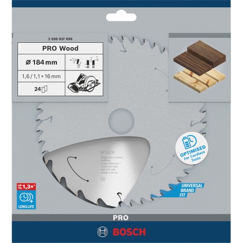 Hoja de sierra circular PRO Wood cordless, 184 x 1,6 x 16 mm, T24