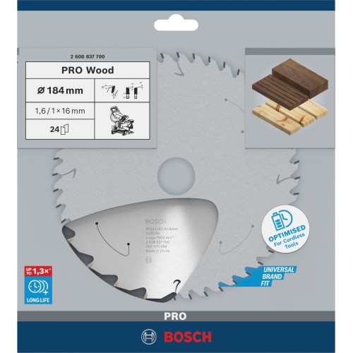 Hoja de sierra circular PRO Wood cordless, 184 x 1,6 x 16 mm, T24