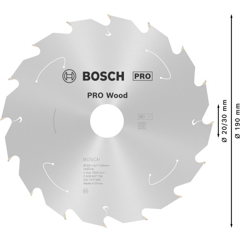 Hoja de sierra circular PRO Wood cordless, 190 x 1,6 x 30 mm, T16