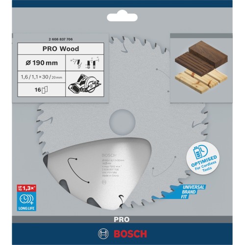 Hoja de sierra circular PRO Wood cordless, 190 x 1,6 x 30 mm, T16