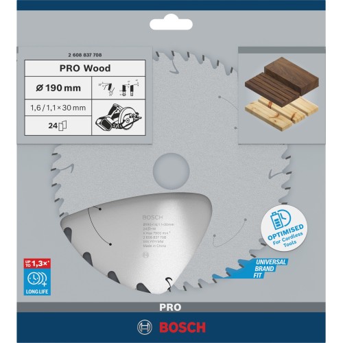 Hoja de sierra circular PRO Wood cordless, 190 x 1,6 x 30 mm, T24