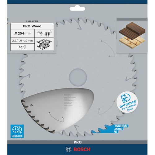 Hoja de sierra circular PRO Wood cordless, 254 x 2,2 x 30 mm, T60