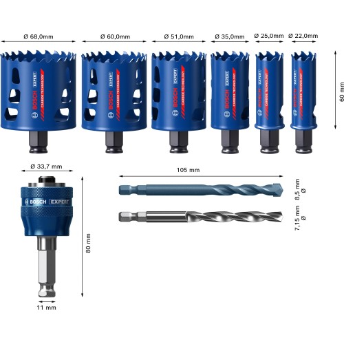 Set de sierras de corona EXPERT Multi Material de 22/25/35/51/60/68 mm, 9 uds.