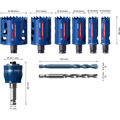 Set de sierras de corona EXPERT Multi Material de 22/25/35/40/51/68 mm, 9 uds.
