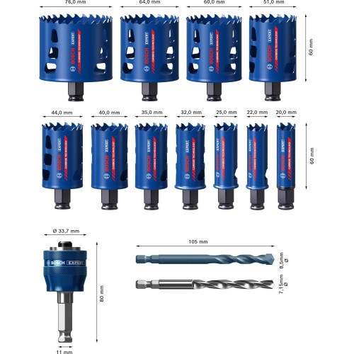 Set de sierras de corona EXPERT Multi Material de 20/22/25/32/35/40/44/51/60/64/76 mm, 14 uds.