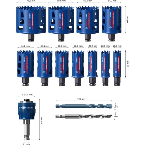 Set de sierras de corona EXPERT Multi Material de 20/22/25/32/35/40/44/51/60/68/76 mm, 14 uds.