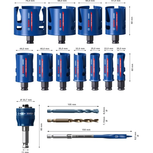Set de sierra de corona EXPERT Construction Material de 20/22/25/32/35/40/44/51/60/68/76 mm, 15 unidades