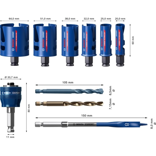 Set de sierra de corona EXPERT Construction Material de 20/25/32/38/51/64 mm, 10 unidades
